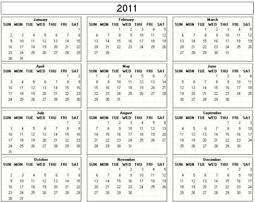 Yearly 2011 Printable Calendar Large Black & White Week Starts On 