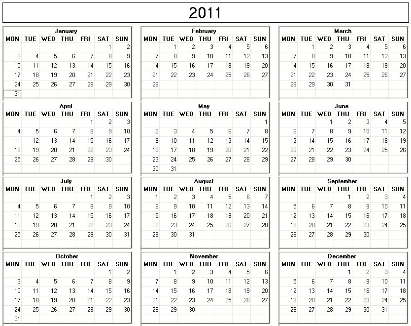 Yearly 2011 Printable Calendar Large black white week starts on