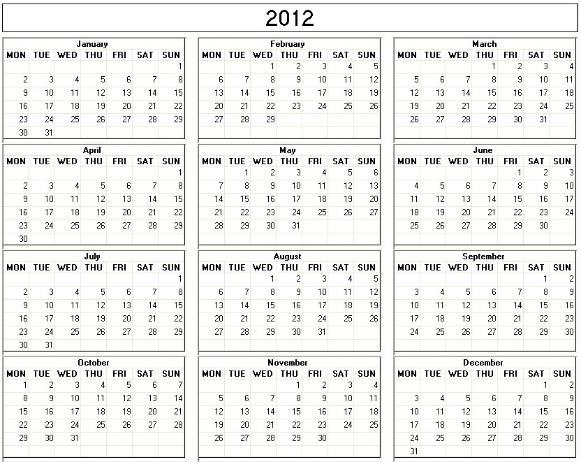 2012 printable calendar 