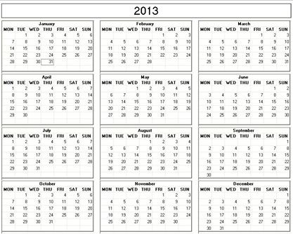 2013 Yearly Calendar Landscape on Yearly 2013 Printable Calendar   Black   White Weekday Starts Monday