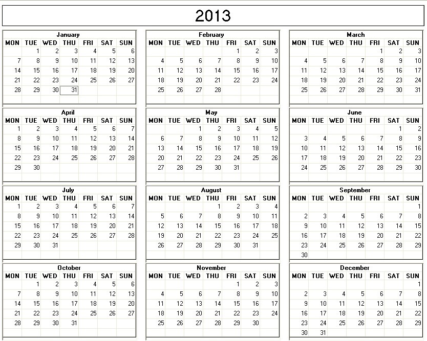 2013 printable calendar 
