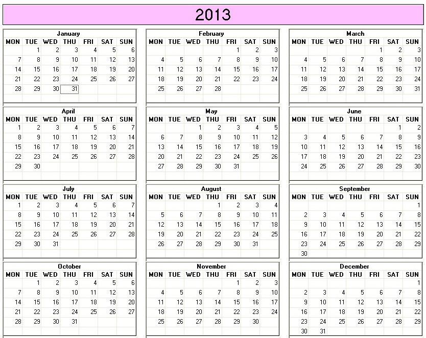 Yearly 2013 Printable Calendar color week starts on Monday