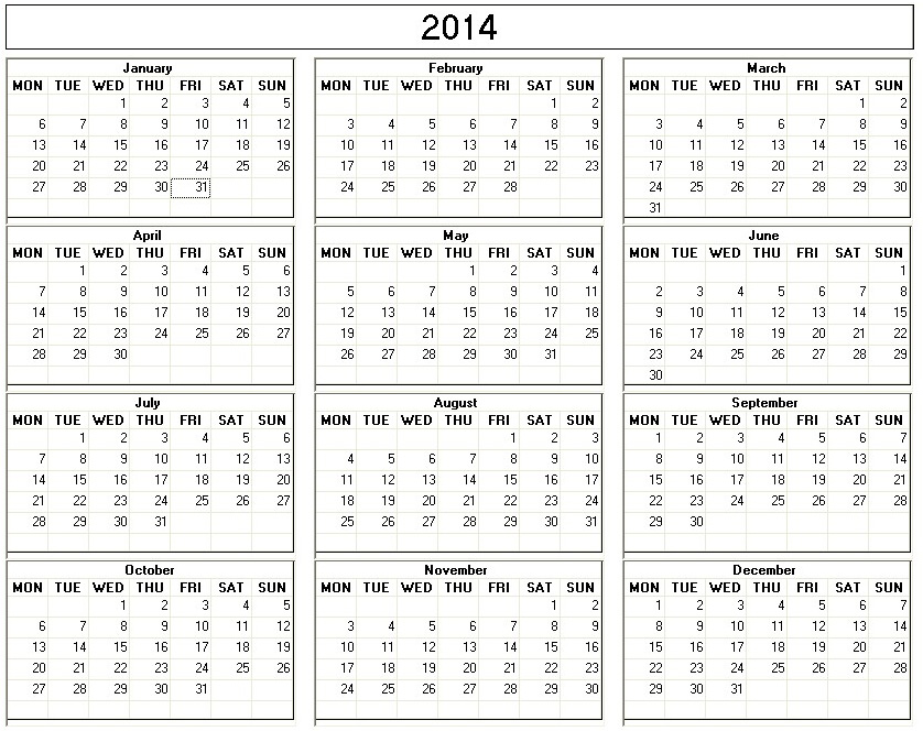Yearly 2014 Printable Calendar Large black white week starts on