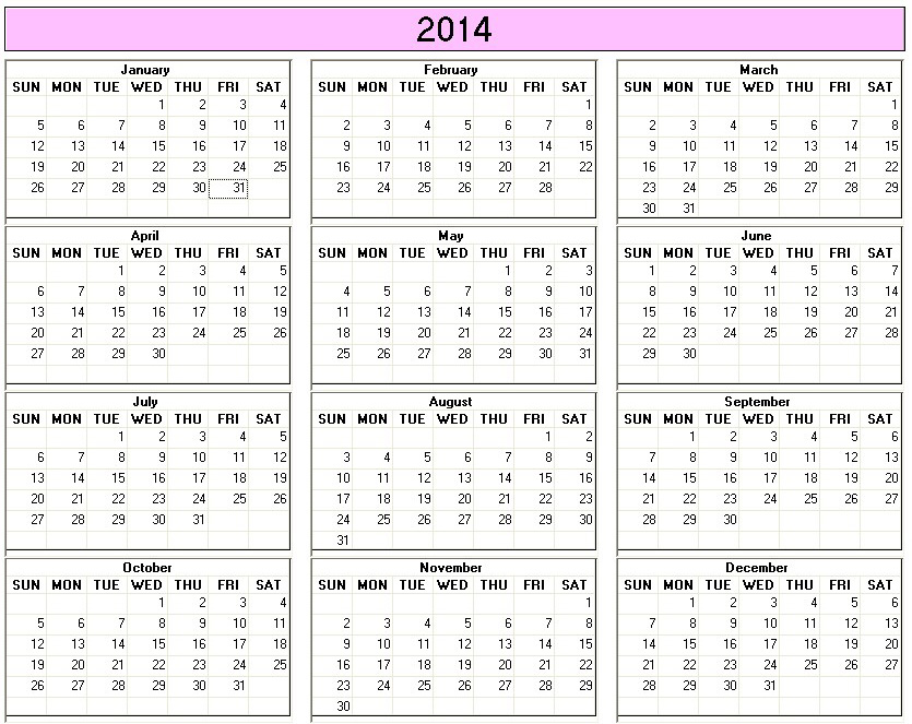 Yearly 2014 Printable Calendar Large color week starts on Sunday