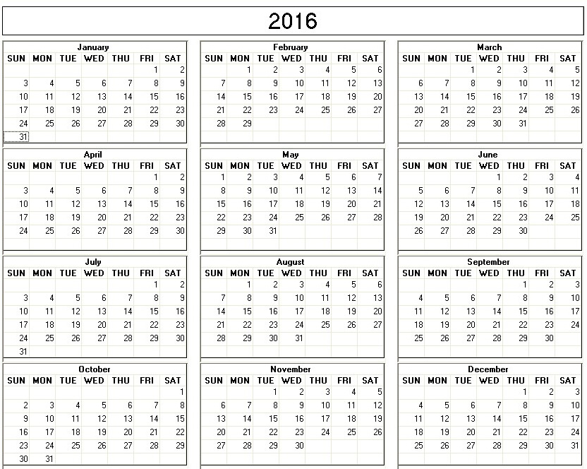 printable blank calendar image for 2016