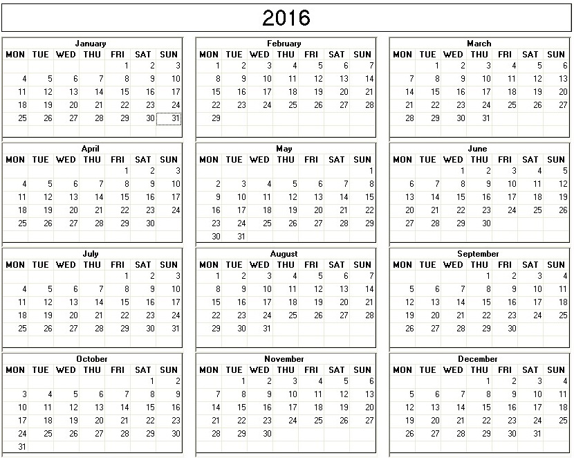 printable blank calendar image for 2016