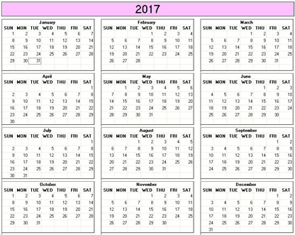 Yearly 2017 Printable Calendar - Color & Weekday Starts Sunday 