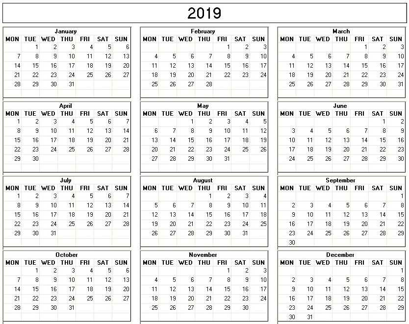 printable blank calendar image for 2019