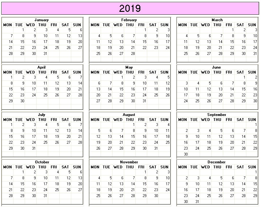 printable blank calendar image for 2019