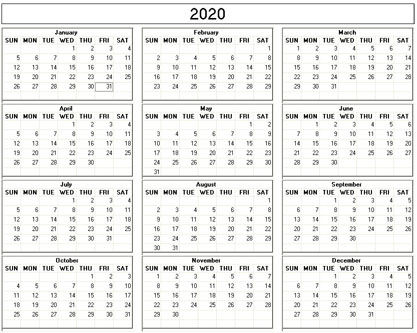 small yearly 2020 calendar