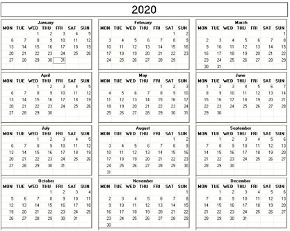 small yearly 2020 calendar