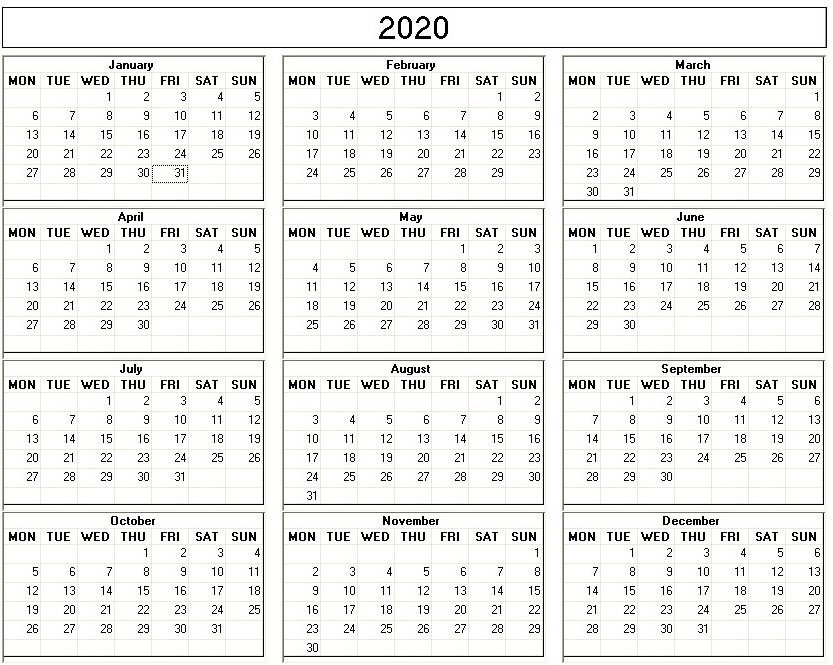 printable blank calendar image for 2020