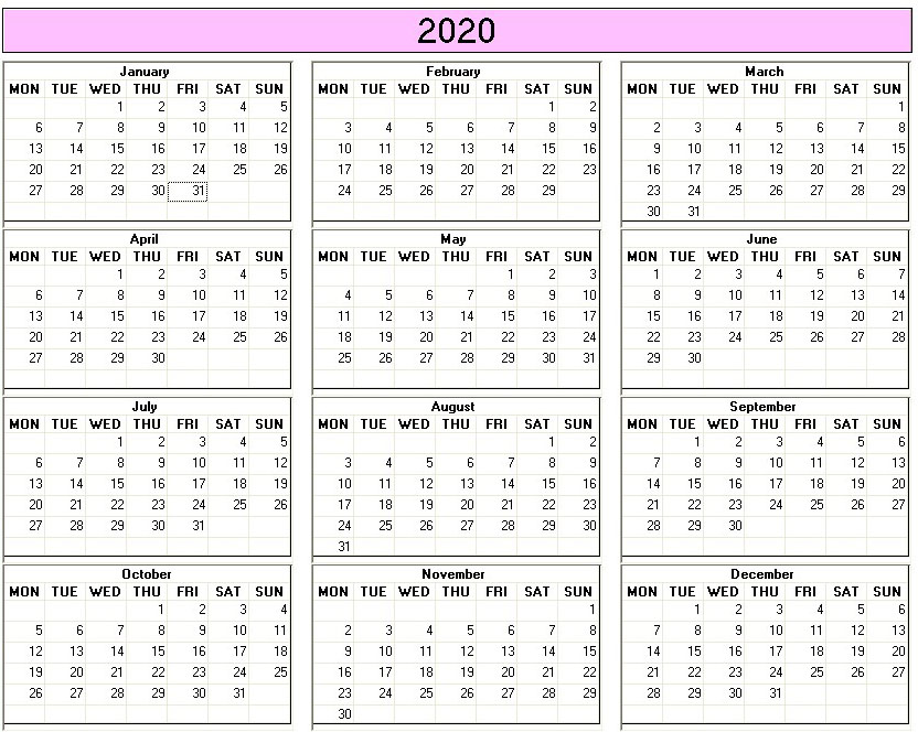 printable blank calendar image for 2020