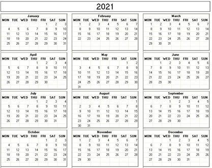 small yearly 2021 calendar