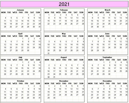 small yearly 2021 calendar