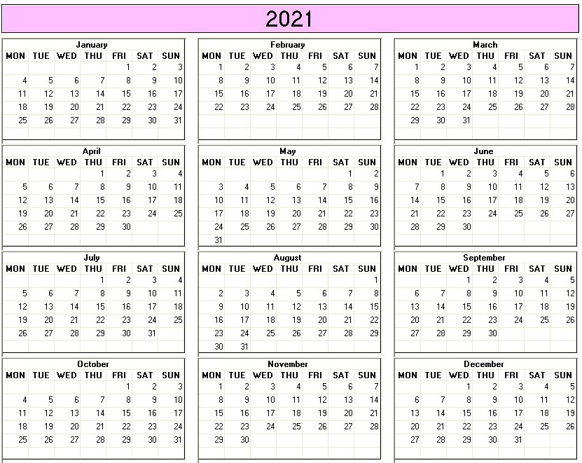 printable blank calendar image for 2021