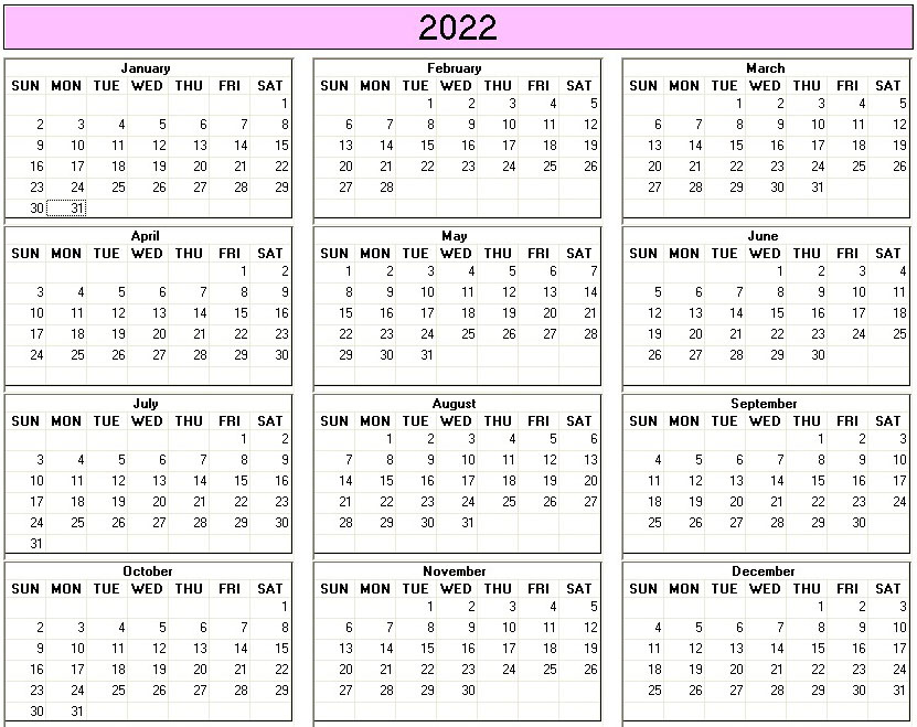 printable blank calendar image for 2022
