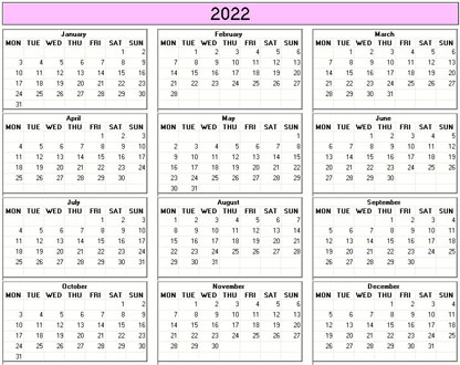 small yearly 2022 calendar