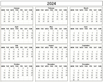 small yearly 2024 calendar