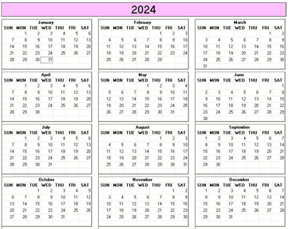 small yearly 2024 calendar