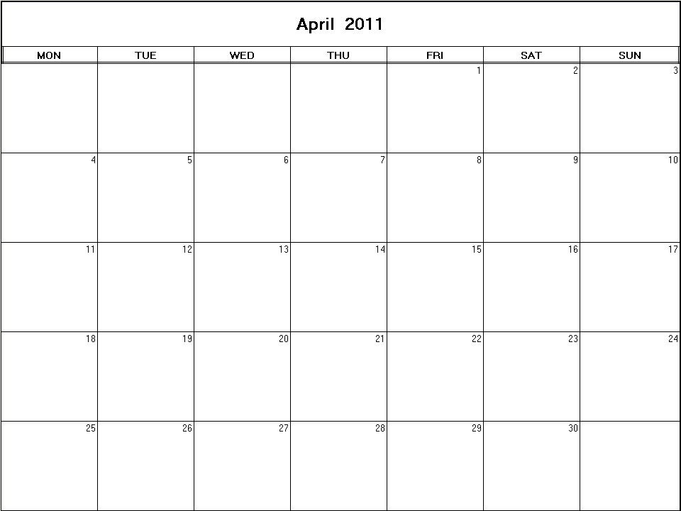 printable blank calendar image for April 2011
