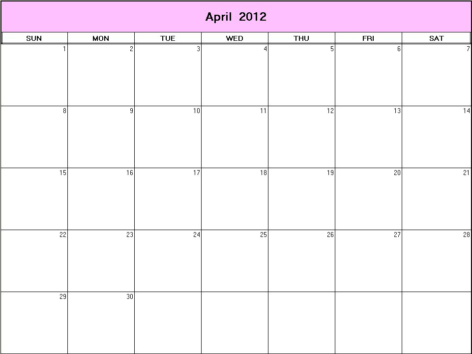 printable blank calendar image for April 2012