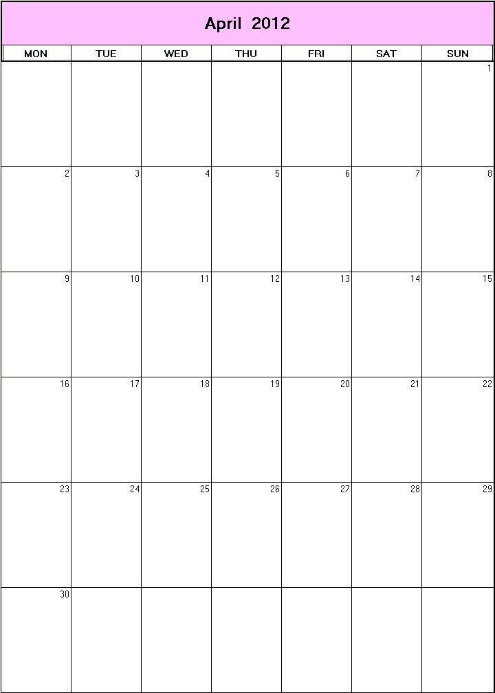 printable blank calendar image for April 2012