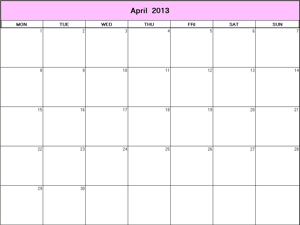 printable blank calendar image for April 2013
