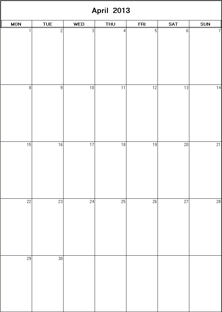 printable blank calendar image for April 2013