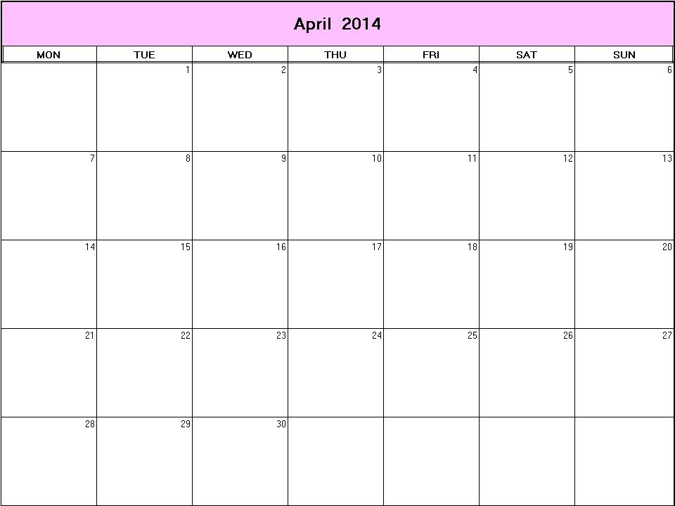 printable blank calendar image for April 2014