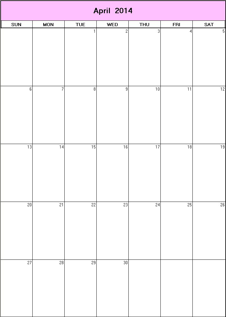 printable blank calendar image for April 2014