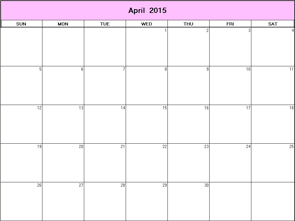 printable blank calendar image for April 2015