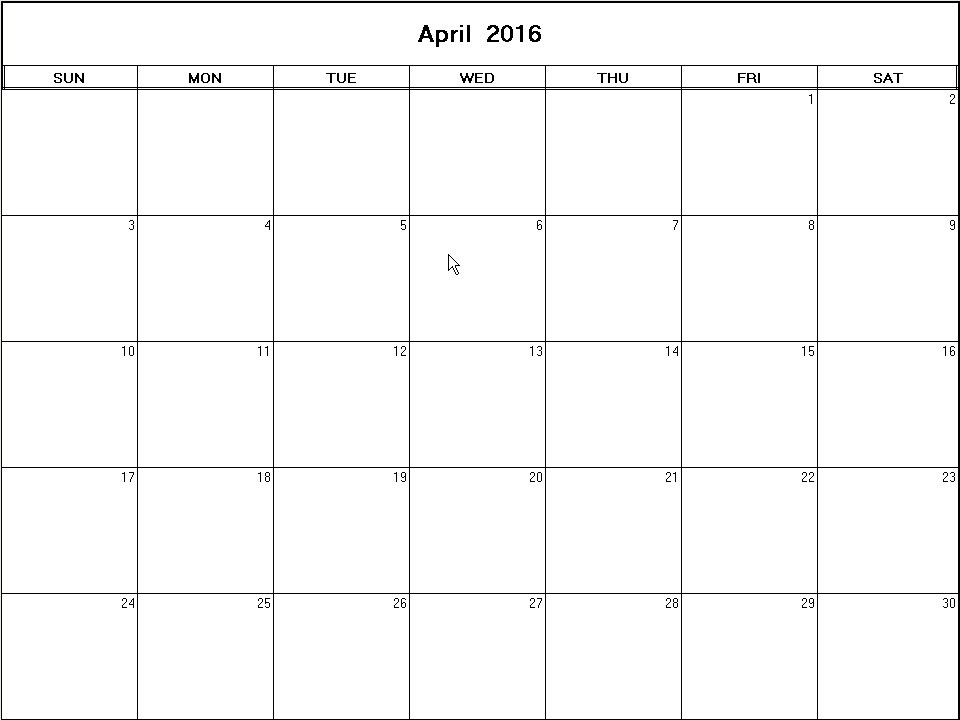 printable blank calendar image for April 2016