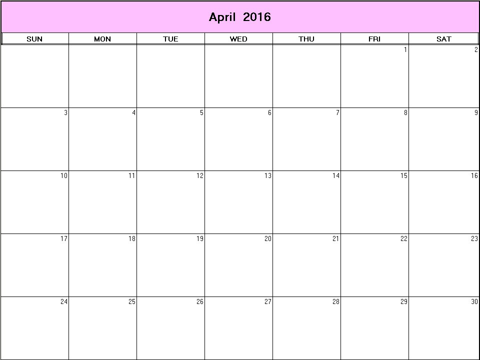 printable blank calendar image for April 2016