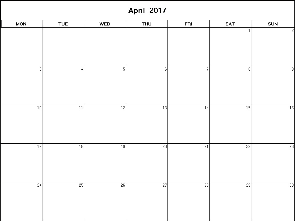 printable blank calendar image for April 2017