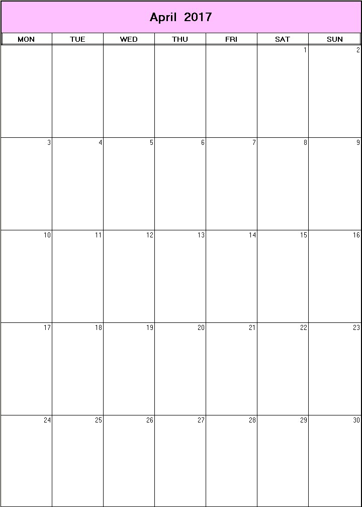 printable blank calendar image for April 2017
