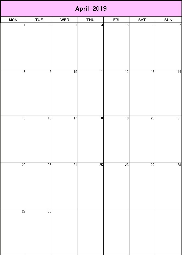 printable blank calendar image for April 2019