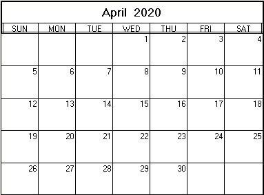 printable blank calendar image for April 2020