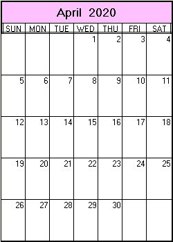 printable blank calendar image for April 2020