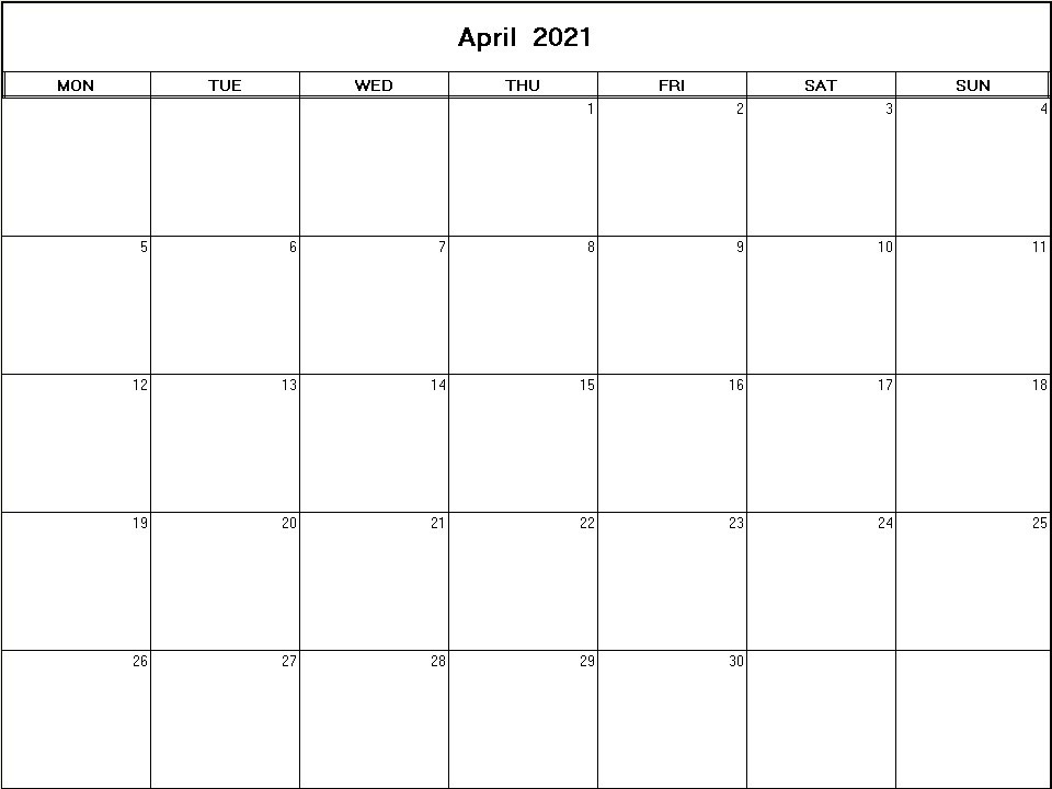 printable blank calendar image for April 2021