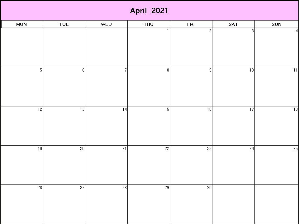 printable blank calendar image for April 2021