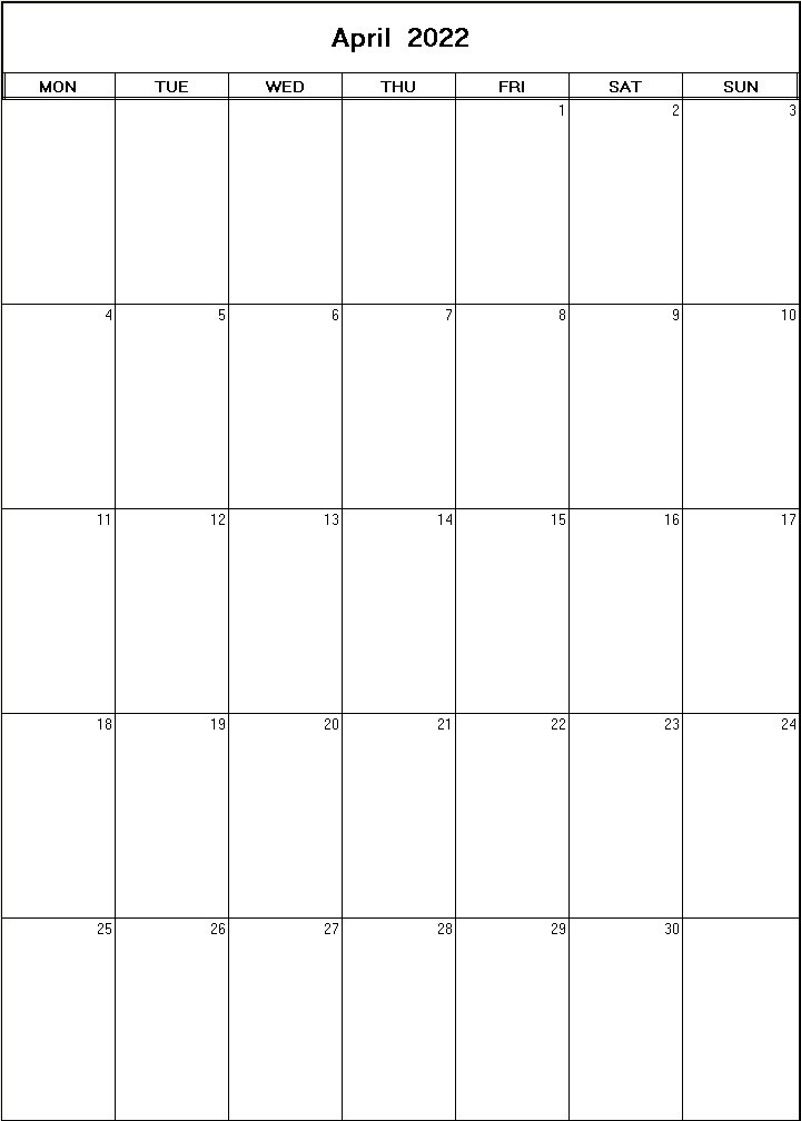 printable blank calendar image for April 2022