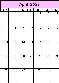 printable blank calendar image for April 2022