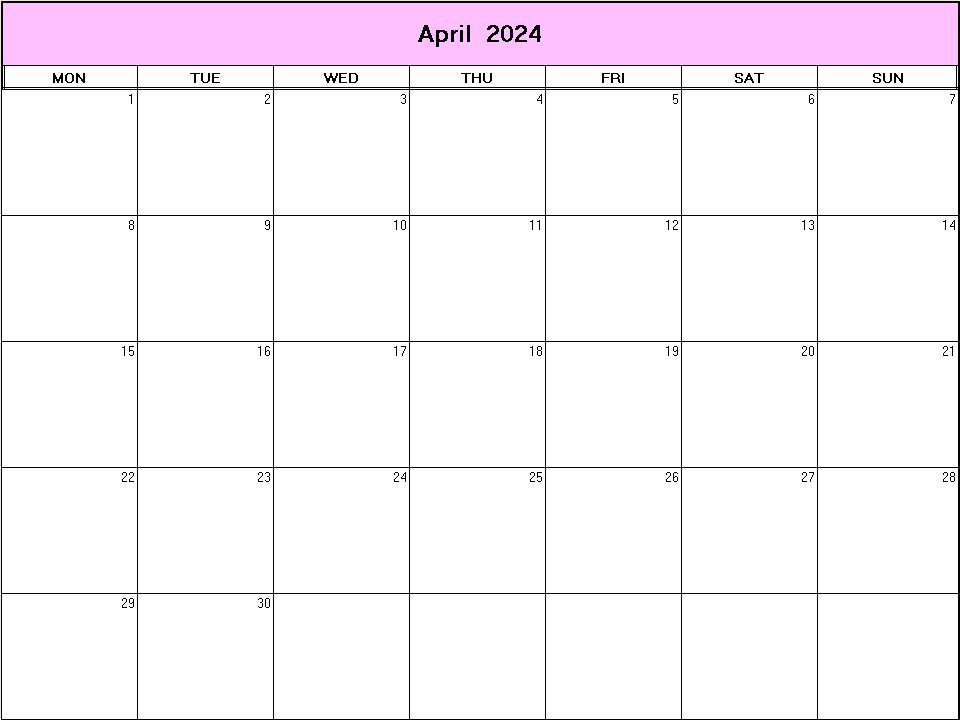 printable blank calendar image for April 2024