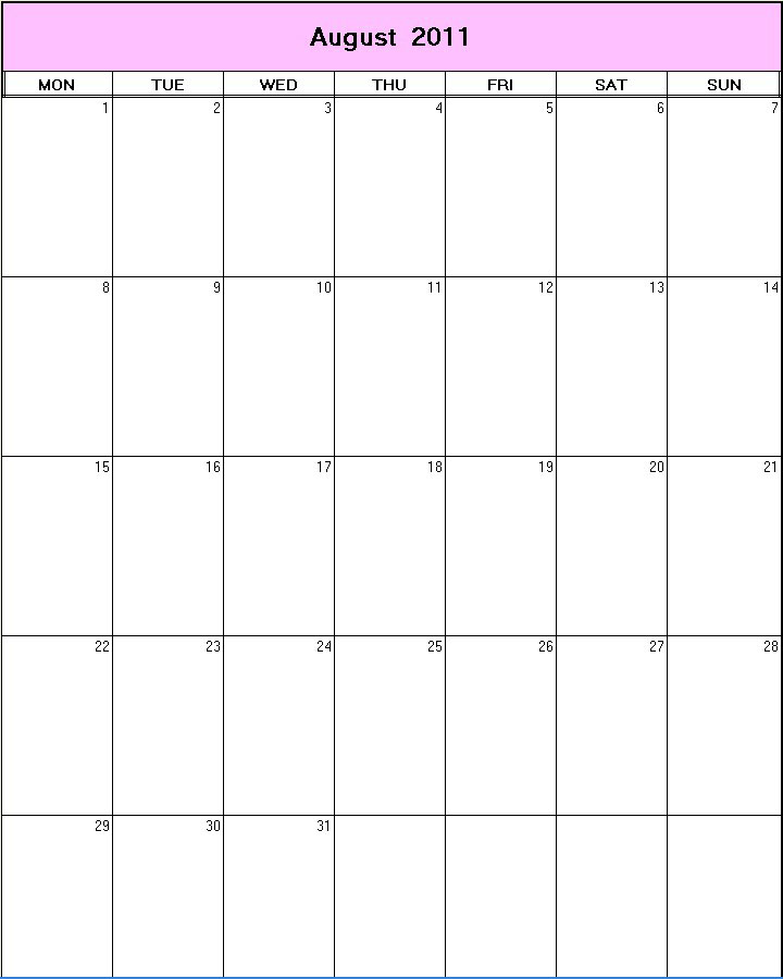 printable blank calendar image for August 2011