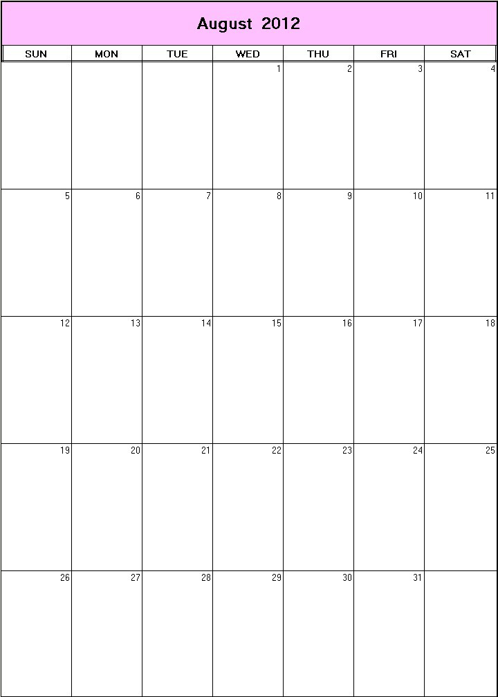 printable blank calendar image for August 2012