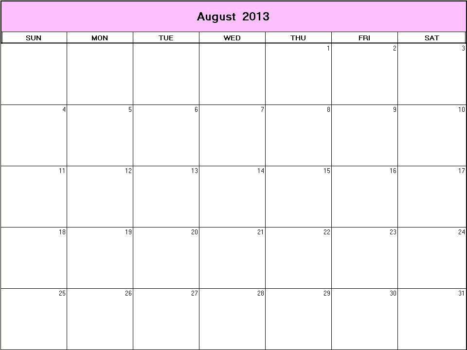 printable blank calendar image for August 2013