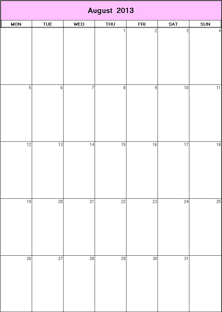 printable blank calendar image for August 2013