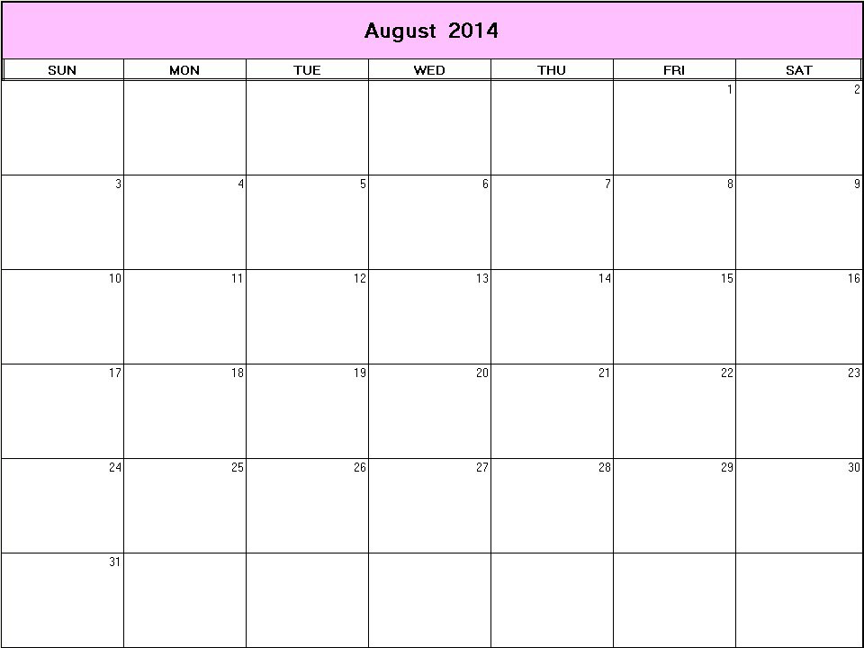 printable blank calendar image for August 2014