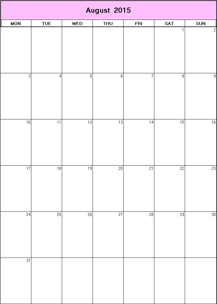 printable blank calendar image for August 2015